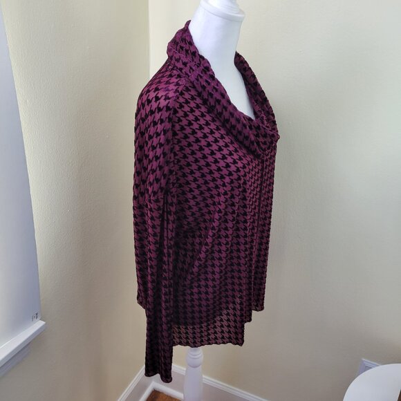 LIV by Habitat Clothes Burgundy Velvet Mesh Houndstooth Sheer Cowl Top Size M - Picture 7 of 14